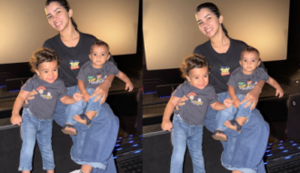 Ary Mirelle leva os filhos para o cinema pela primeira vez em sessão privada