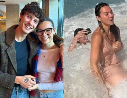 Irmã de Shawn Mendes é batizada em praia no RJ e leva caldo ao lado do cantor