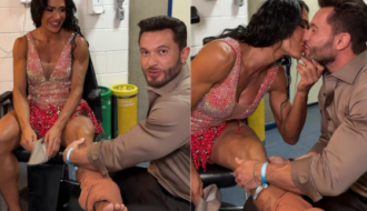 Gracyanne Barbosa recebe carinho do namorado nos bastidores do “Dança dos Famosos”