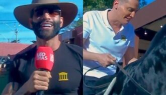 Gusttavo Lima ensina Leo Dias a montar a cavalo em Barretos
