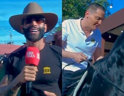 Gusttavo Lima ensina Leo Dias a montar a cavalo em Barretos Gusttavo Lima ensina Leo Dias a montar a cavalo em Barretos